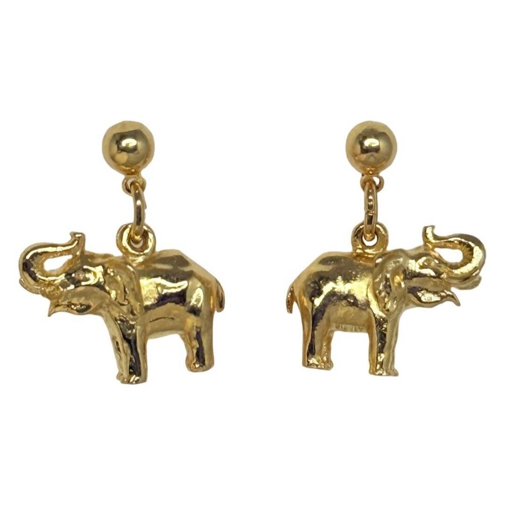 Gold Filled Elephant Drop Dangle Earrings 1" Signed Figural